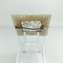 Load image into Gallery viewer, Original French 1950s Reverse Carved Lucite Brooch in a Celluloid Frame with White Flowers *