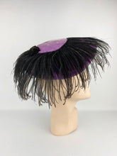 Load image into Gallery viewer, Fabulous Original 1950s Platter Hat in Purple Velvet with Black Ostrich Feather Trim