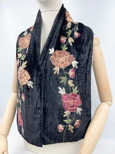 Load image into Gallery viewer, Original 1920's 1930's Black Silk Velvet Scarf with Crewel Work Floral Embroidery - Great Christmas Gift