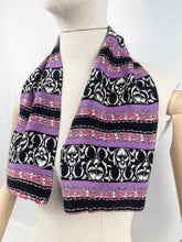 Load image into Gallery viewer, Original 1930's Vibrant Crepe Scarf or Headscarf in Purple, Magenta, Black and White - Great Christmas Gift
