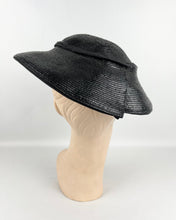Load image into Gallery viewer, Original Late 1930's or Early 1940's Black Lacquered Straw Hat with Pink Grosgrain Trim