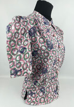 Load image into Gallery viewer, 1940's Reproduction Novelty Print Blouse with Clocks and Clock Hands with Spherical Pink Buttons Made From an Original 1940's Feed Sack - Bust 34"