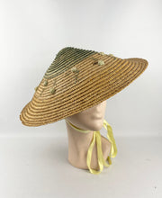 Load image into Gallery viewer, Original 1940s 1950s Tri Colour Conical Straw Hat with Ribbon Tie and Bobble Trim