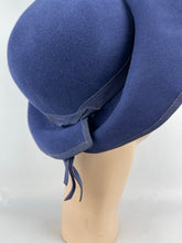 Load image into Gallery viewer, Stunning Original 1930s Blue Felt Bonnet Hat with Floral Trim