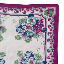 Load image into Gallery viewer, Original 1940's or 1950's Beautiful Floral Silk Crepe Hanky in Magenta, Turquoise, Blue and Green on White - FREE UK P&P