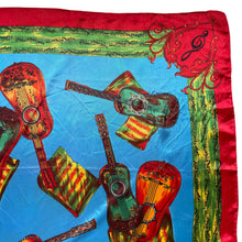 Load image into Gallery viewer, Vintage Artificial Silk Scarf in Bright Blue and Covered with Guitars and Sheet Music - Great Turban or Headscarf