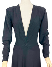 Load image into Gallery viewer, Original Late 1930's Inky Black Wool Dress with Zip Sleeves and Plunging Neckline by Dorothy's of Tulsa - Bust 40 42