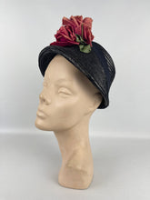 Load image into Gallery viewer, Original Navy Blue Straw Hat by Webflex with Huge Double Rose Trim