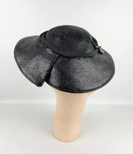 Load image into Gallery viewer, Original Late 1930's or Early 1940's Black Lacquered Straw Hat with Pink Grosgrain Trim