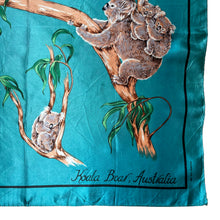 Load image into Gallery viewer, Vintage Artificial Silk Scarf in Teal with Koala Bears - Australia Tourist Piece - Great Turban or Headscarf