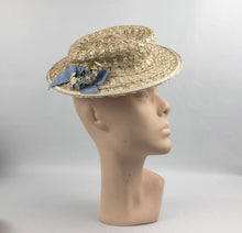 Load image into Gallery viewer, 1940's Cream Lacquered Frances Adams Raffia Hat with Pale Blue Floral Trim *