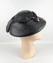 Load image into Gallery viewer, Original Late 1930's or Early 1940's Black Lacquered Straw Hat with Pink Grosgrain Trim