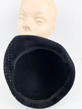 Load image into Gallery viewer, Original 1950s Inky Black Felt Skull Cap with Glass Beads - Lovely Vintage Hat