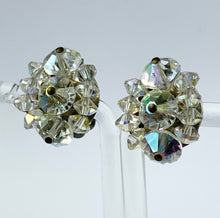 Load image into Gallery viewer, Vintage 1950's Aurora Borealis Faceted Clear Glass Clip-on Earrings on Silvertone Clips