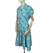 Load image into Gallery viewer, Original Volup 1950's Turquoise Blue Summer Dress with White and Black Floral Print - Bust 38 40 *