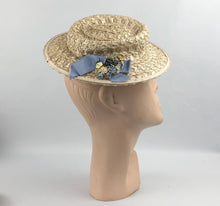 Load image into Gallery viewer, 1940's Cream Lacquered Frances Adams Raffia Hat with Pale Blue Floral Trim *