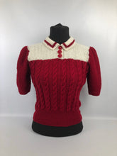 Load image into Gallery viewer, 1940s Reproduction Colour Block Cable Knit Jumper in Ruby and Cream - Bust 40 42 44 46 - Volup Knitwear