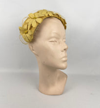 Load image into Gallery viewer, Original 1950’s Half Hat in Yellow Ochre Grosgrain - Pretty Net and Flower Trim - Perfect for Autumn *