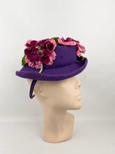 Load image into Gallery viewer, Original 1940s Rich Purple Felt Hat with Cerise Pink Velvet Flower Trim *