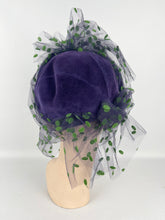 Load image into Gallery viewer, Original 1950s Purple Felt Hat with Green and Purple Net - Charming French Made Piece