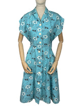 Load image into Gallery viewer, Original Volup 1950's Turquoise Blue Summer Dress with White and Black Floral Print - Bust 38 40 *