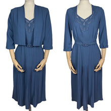 Load image into Gallery viewer, Original 1940's Blue Crepe Dress and Jacket Set with Lace Front and Belt - Bust 36 37