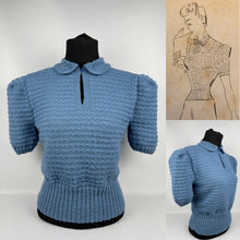 Load image into Gallery viewer, Reproduction 1940s Hand Knitted Jumper in Soft Blue with Smart Collar - Bust 38"