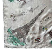 Load image into Gallery viewer, Vintage 1950's Bonjour Paris Tourist Scarf with The Eiffel Tower, Notre-Dame and More - Great Neckerchief or Headscarf