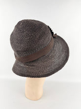 Load image into Gallery viewer, Original Late 1920's or Early 1930's Dark Brown Straw Cloche Hat with Grosgrain Trim *