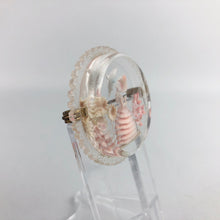 Load image into Gallery viewer, Original 1940s Circular Reverse Carved Lucite Brooch with Crinoline Lady and Flowers