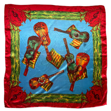 Load image into Gallery viewer, Vintage Artificial Silk Scarf in Bright Blue and Covered with Guitars and Sheet Music - Great Turban or Headscarf