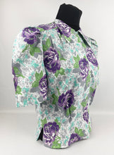 Load image into Gallery viewer, 1940's Reproduction Floral Print Blouse with Large Purple Roses and Faceted Glass Buttons Made From an Original 1940's Feed Sack - Bust 34"