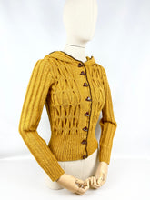 Load image into Gallery viewer, 1930's Reproduction Hand Knitted Long Sleeved Hooded Cardigan in Mustard Alpaca Wool With Novelty Hat Buttons - Bust 34 35