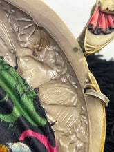 Load image into Gallery viewer, Original 1920's French Made Antique Crochet Bag with Celluloid Frame Decorated with Pierrot, Owls and Musical Instruments