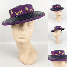 Load image into Gallery viewer, Original 1940's Indigo Blue Lacquered Straw Hat with Purple Trim and Applique Dogs