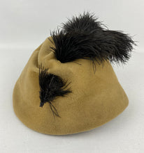 Load image into Gallery viewer, Original 1930s Taupe Felt "Fez" Hat with Black Ostrich Feather Trim