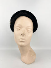 Load image into Gallery viewer, Original 1930s Close Fitting Black Velvet Hat with Padded Brim and Paste Trim