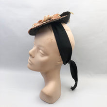 Load image into Gallery viewer, 1940s Black and Soft Apricot Straw & Grosgrain Hat with Floral Trim