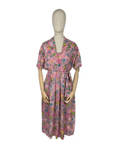 Load image into Gallery viewer, Original 1950's Pink Cotton Dress with Floral Print in Blue, Yellow, Grey and Green - Bust 38 40 *