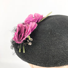 Load image into Gallery viewer, Original 1940's Black Fine Sisal Hat with Wonderful Pink Flower and Flocked Net Trim