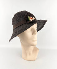 Load image into Gallery viewer, Original Late 1920's or Early 1930's Dark Brown Straw Cloche Hat with Grosgrain Trim *