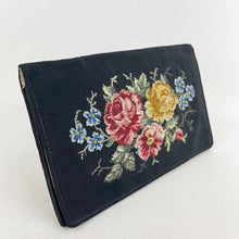 Load image into Gallery viewer, Original 1940's or 1950's Black Fabric Clutch Bag with Embroidered Roses and Flowers