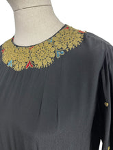 Load image into Gallery viewer, Original 1920's 1930's Black Silk Crepe Day Dress with Incredible Soutache Collar with Silk Embroidery - Bust 36