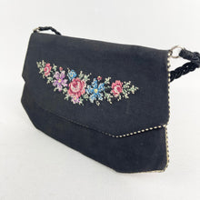 Load image into Gallery viewer, Original 1940's or 1950's Black Fabric Bag with Embroidered Roses and Flowers
