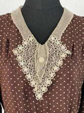 Load image into Gallery viewer, Original 1930s Brown and Cream Crepe Belted Polka Dot Dress with Lace and Chiffon Collar - Bust 34 35
