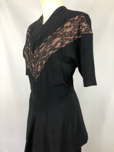 Load image into Gallery viewer, 1940s Black Dress with Lace Overlay and Fishtail Peplum -B38