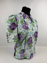 Load image into Gallery viewer, As Is 1940's Reproduction Floral Print Blouse with Large Purple Roses and Tiny Glass Buttons Made From an Original 1940's Feed Sack - Bust 34" 35" 36"
