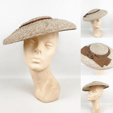 Load image into Gallery viewer, Original 1940's 1950's Summer Straw Hat in Brown and Grey with Grosgrain Bow Trim