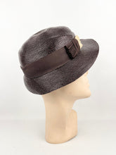 Load image into Gallery viewer, Original 1930s Chocolate Brown Lacquered Straw Hat With Cream Grosgrain Trim