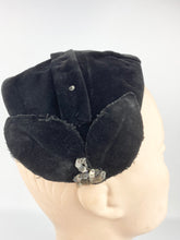 Load image into Gallery viewer, Original 1950s Black Velvet Half Hat with Leaf Trim and Silver Sequin Decoration